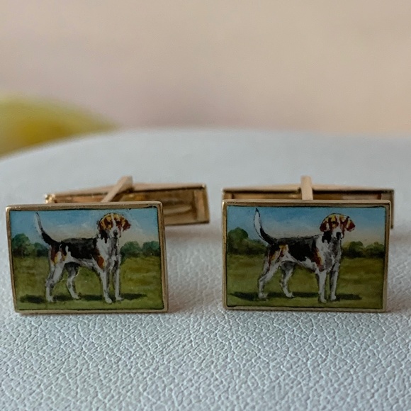 ANTIQUE ENGLISH 14K YELLOW GOLD ENAMEL HAND PAINTED DOG CUSTOM MADE CUFFLINKS